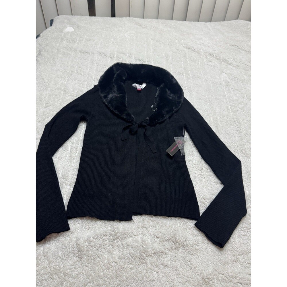 No Boundaries Girls L 11-13 Black Cardigan Sweater Faux Fur Collar NWT